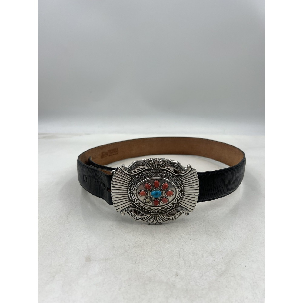 Justin Belt Mens 30 Black Western Concho Buckle Turquoise Coral Made USA C20043